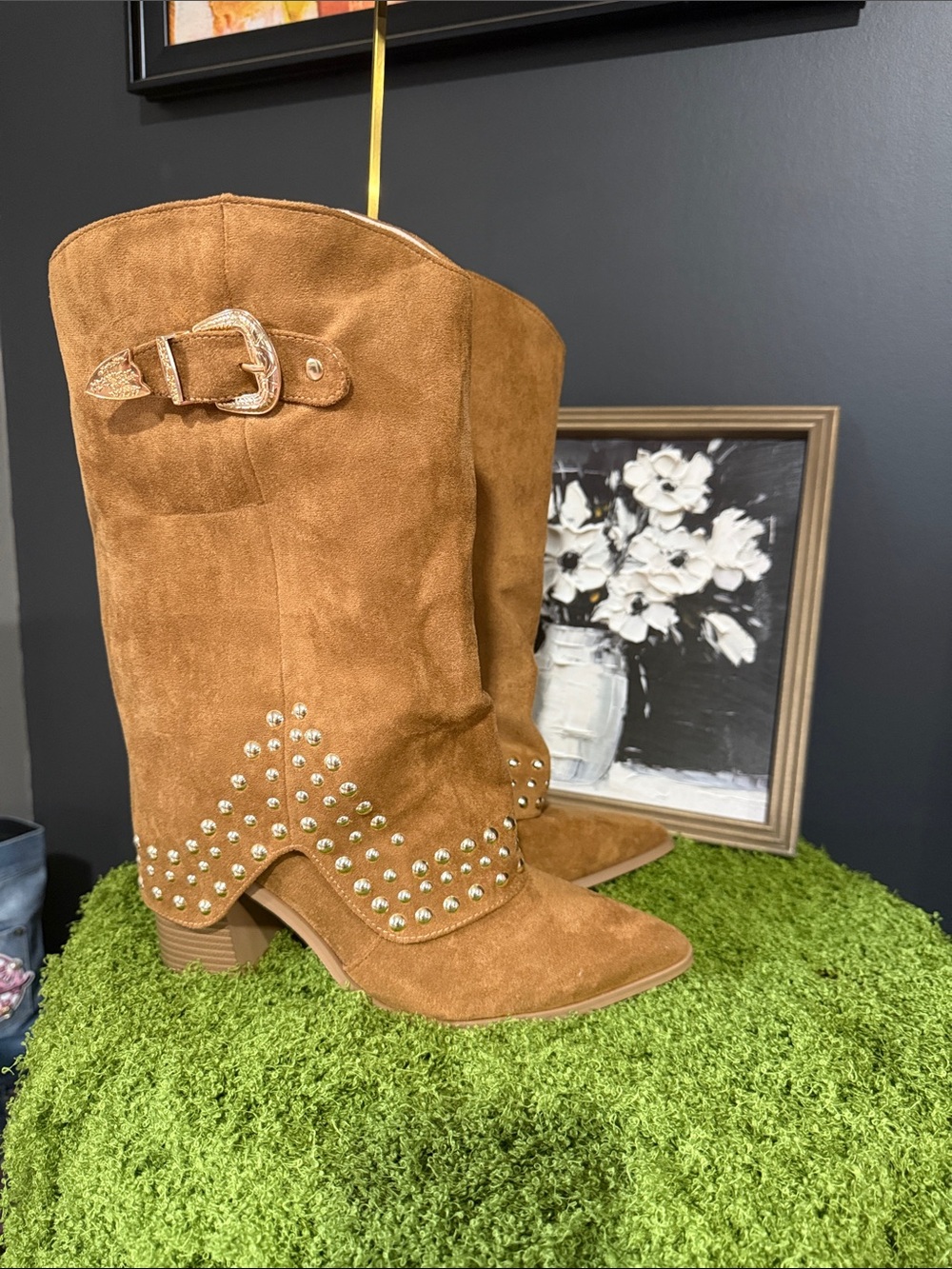 Women's Tan Suede Studded Western Boots